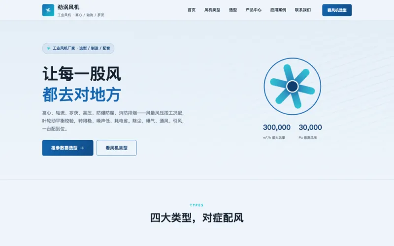 劲涡风机 — 工业风机官网案例截图