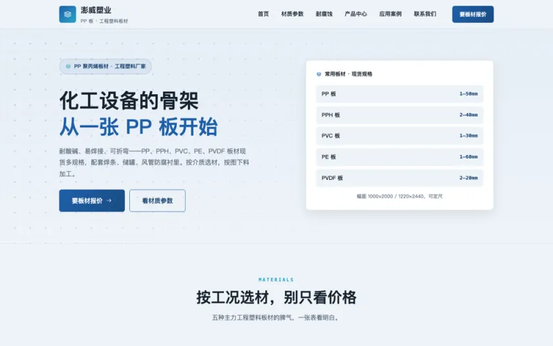 澎威塑业 — PP 板材官网案例截图
